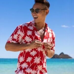 Kenny Flowers Tropical Red and White Hawaiian aloha palm tree Shirt small